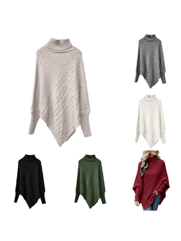 Plus Size Turtleneck Poncho Sweater Loose Knit Asymmetric Pullover Cape for Fall Winter