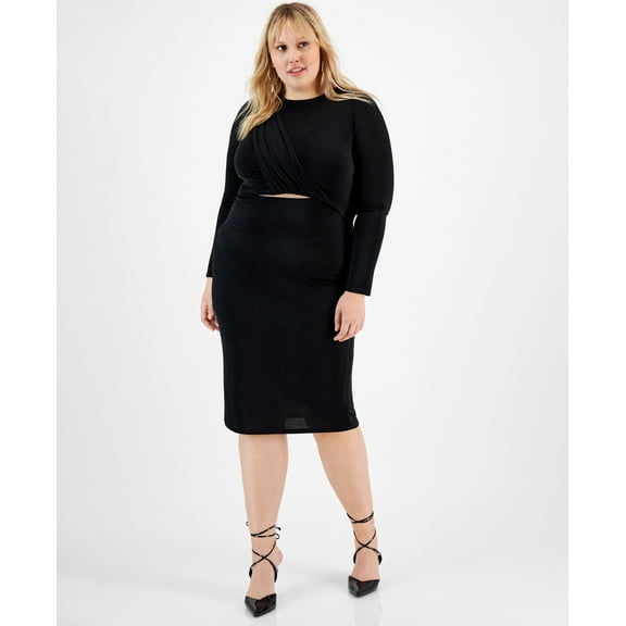 Plus Size Twist-Front Cutout Long-Sleeve Dress Deep Black 2X