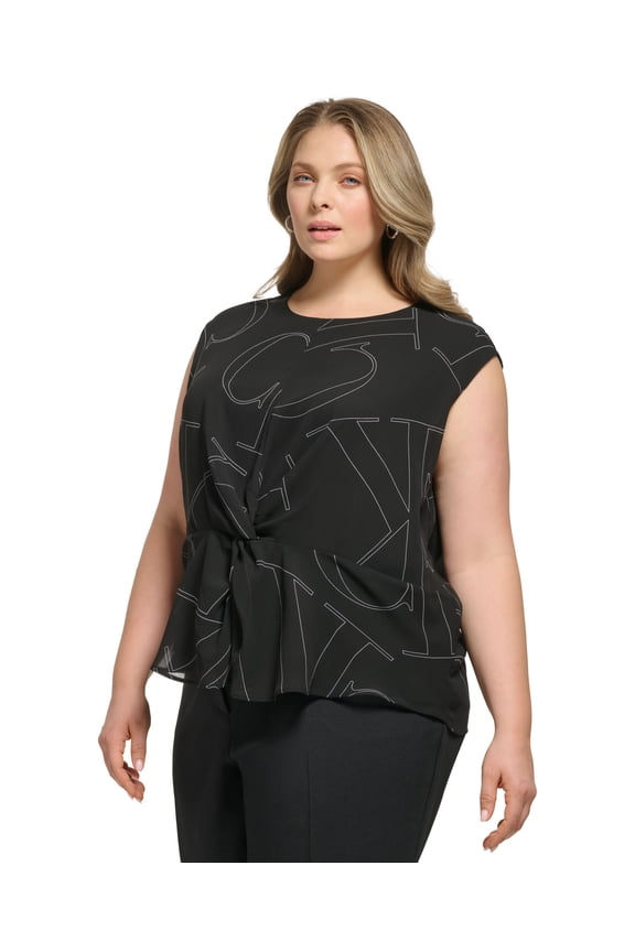 Plus Size Twist-Front Logo-Print Top Dark Gray 3X