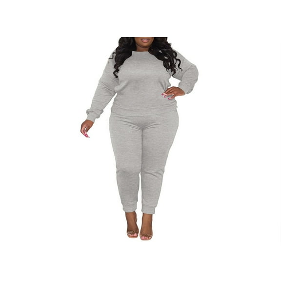 Plus Size Two Piece Outfits For Women Casual Round Neck Jogging Sets Long Sleeve Tracksuit With Pockets