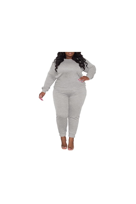 Plus Size Two Piece Outfits For Women Casual Round Neck Jogging Sets Long Sleeve Tracksuit With Pockets
