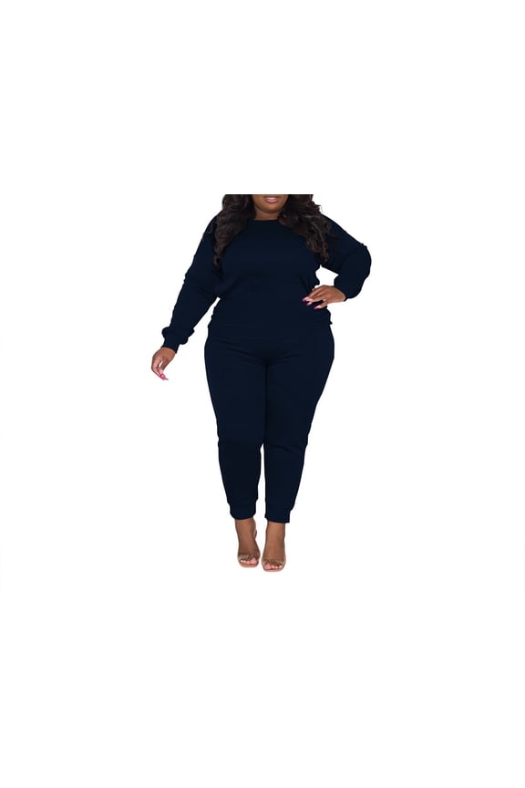 Plus Size Two Piece Outfits For Women Casual Round Neck Jogging Sets Long Sleeve Tracksuit With Pockets