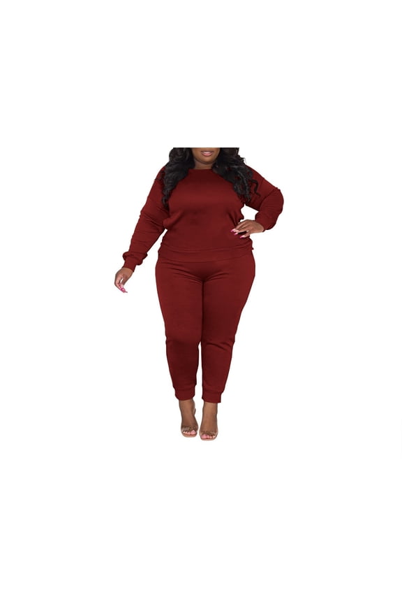 Plus Size Two Piece Outfits For Women Casual Round Neck Jogging Sets Long Sleeve Tracksuit With Pockets