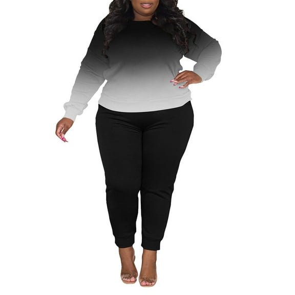 Plus Size Two Piece Outfits For Women Casual Round Neck Jogging Sets Long Sleeve Tracksuit With Pockets