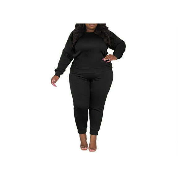 Plus Size Two Piece Outfits For Women Casual Round Neck Jogging Sets Long Sleeve Tracksuit With Pockets