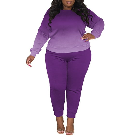 Plus Size Two Piece Outfits For Women Casual Round Neck Jogging Sets Long Sleeve Tracksuit With Pockets