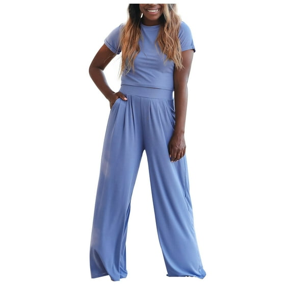 Plus Size Two Piece Outfits for Women Summer Outfits for Women Plus Size Clothing Set Female Round Neck Short Sleeve Tops Pants Sets Trousers Pant Style S_258 Women's Tracksuits Blue L