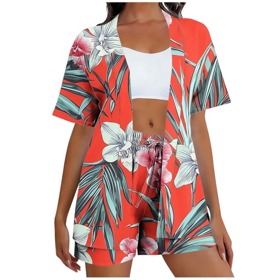 Plus Size Two Piece of Outfits for Womens Summer Loose Daily Casual Non Positioning Printed Casual Cardigan Shorts Short Sleeved Top Pants Pocket Setet