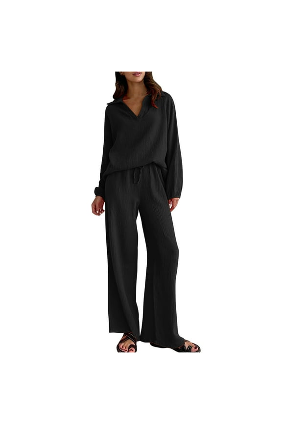 Plus Size Two Piece Outfits for Women Fall Casual Wide Leg Drawstring Pant Sets Lapel V Neck Long Sleeve Top Loungewear (2XL, Black)