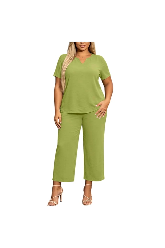 Plus Size Two Piece Set for Women Notch Neck Short Sleeve Top and Cropped Pants Soft Summer Lounge Travel Outfit Set