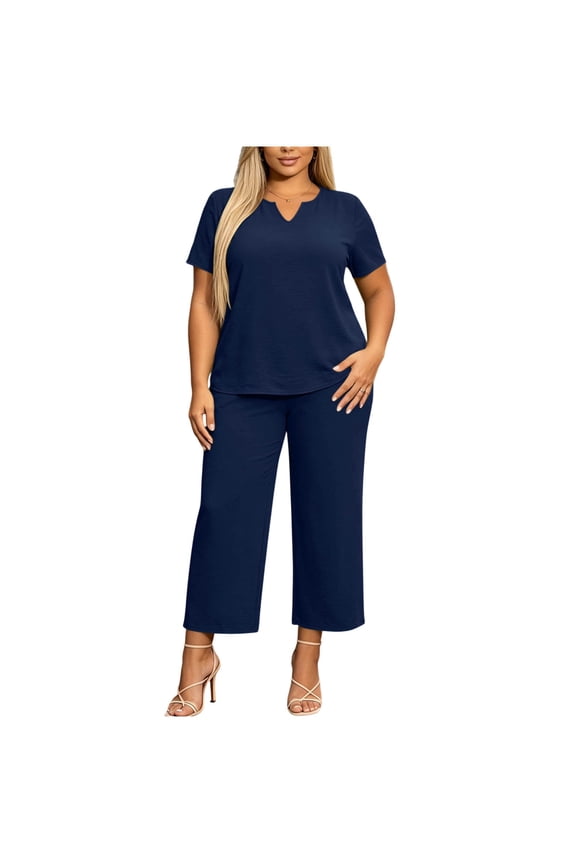 Plus Size Two Piece Set for Women Notch Neck Short Sleeve Top and Cropped Pants Soft Summer Lounge Travel Outfit Set