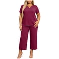 thumbnail image 1 of Plus Size Two Piece Set for Women Notch Neck Short Sleeve Top and Cropped Pants Soft Summer Lounge Travel Outfit Set, 1 of 6