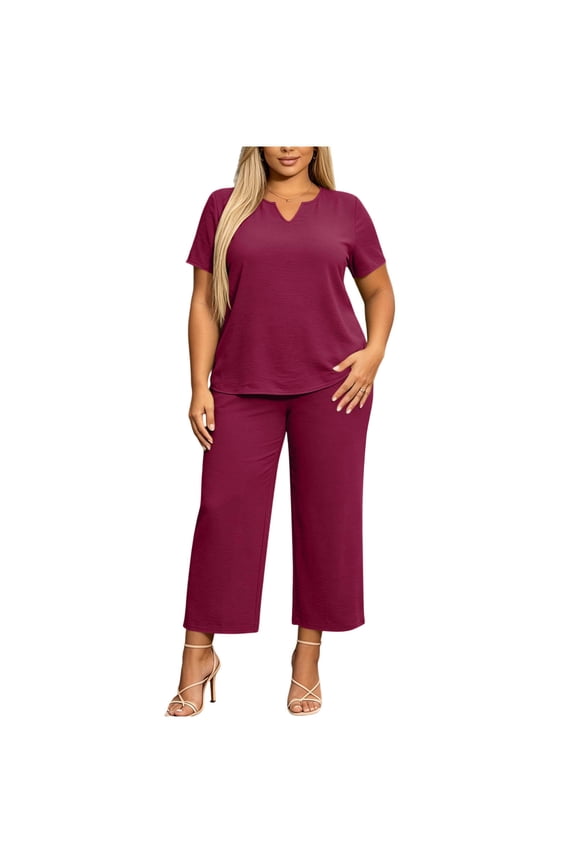 Plus Size Two Piece Set for Women Notch Neck Short Sleeve Top and Cropped Pants Soft Summer Lounge Travel Outfit Set