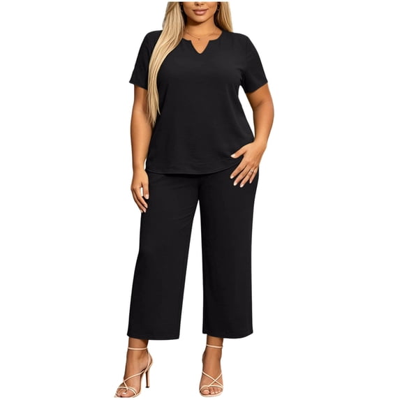 Plus Size Two Piece Set for Women Notch Neck Short Sleeve Top and Cropped Pants Soft Summer Lounge Travel Outfit Set