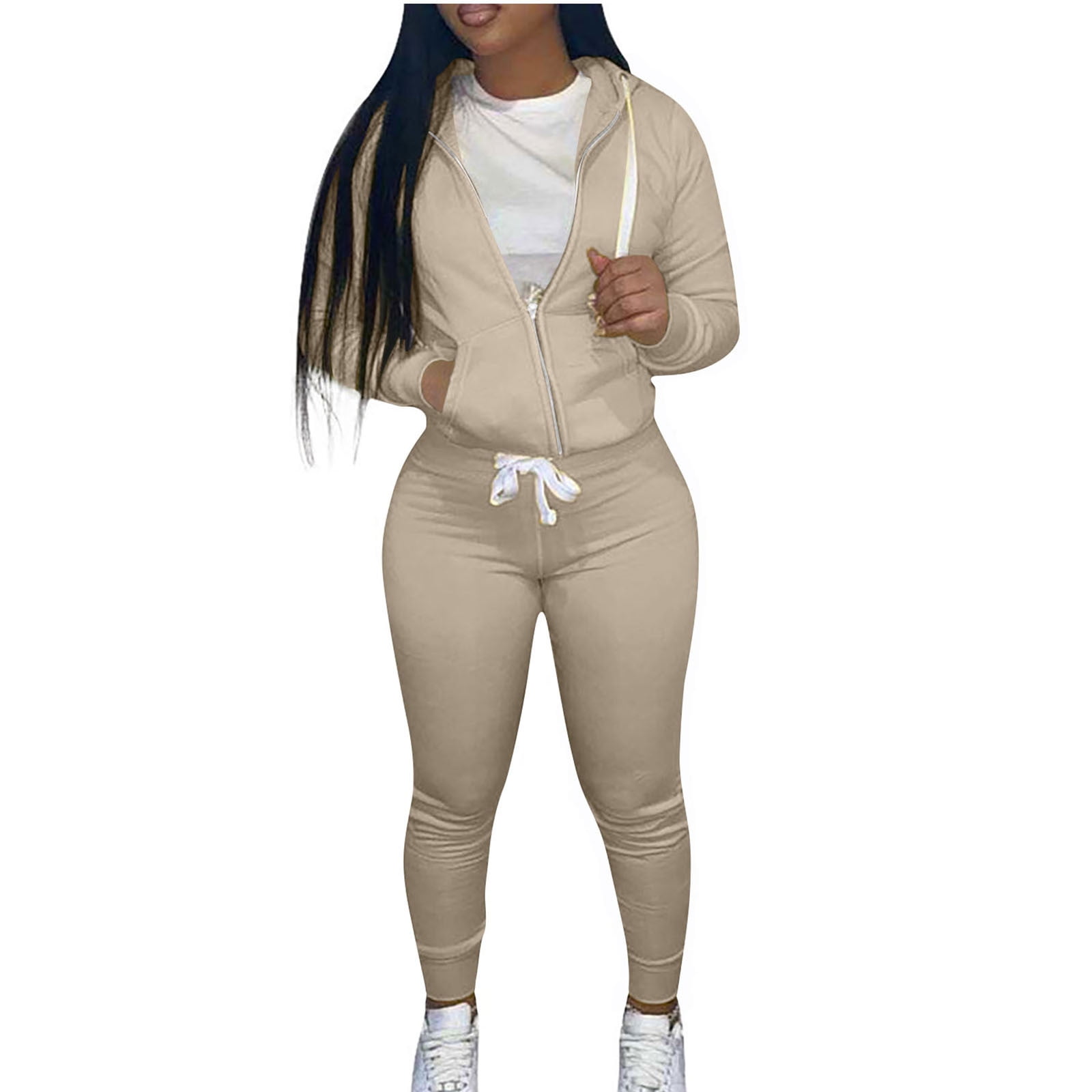 Plus Size Two Piece Sets for Women M-5X Joggers Sweatsuits with Hoodie Pockets Zip-Up Long Sleeve Jackets Slim Pants Solid Tracksuits Outfits