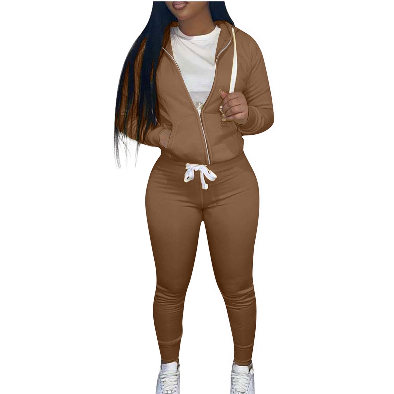 Plus Size Two Piece Sets for Women M-5X Joggers Sweatsuits with Hoodie Pockets Zip-Up Long Sleeve Jackets Slim Pants Solid Tracksuits Outfits