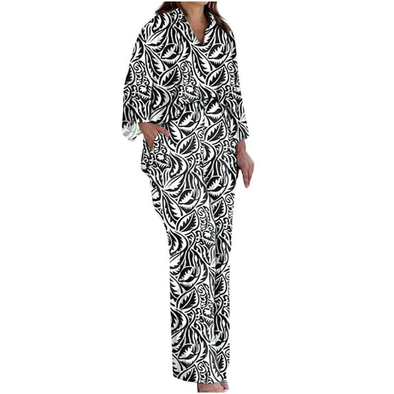 Plus Size Two Piece Sets for Women Long Sleeve Button Down Shirt and Wide Leg Pants Floral Print Loose Casual Suits (Black L)