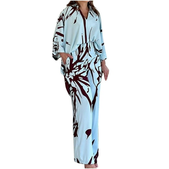 Plus Size Two Piece Sets for Women Long Sleeve Button Down Shirt and Wide Leg Pants Floral Print Loose Casual Suits (Light Blue M)