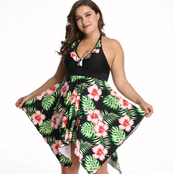 Plus Size Two Piece Swimsuits for Women Floral Skirt Swimwear Halter Dress Bathing Suit Beachwear