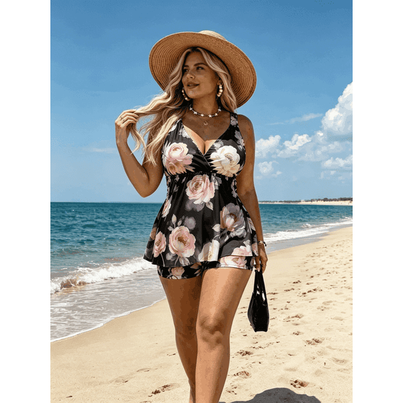 Plus-Size Two-Piece Tankini Swimsuit Set Exclusive Design All-over print with Front Cross-Over Design Bust-Lifting Support, Full Coverage, and Slimming Fit — Ideal Beach Vacation Swimwear for Women