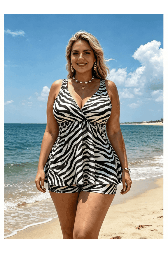 Plus-Size Two-Piece Tankini Swimsuit Set Exclusive Design All-over print with Front Cross-Over Design Bust-Lifting Support, Full Coverage, and Slimming Fit — Ideal Beach Vacation Swimwear for Women