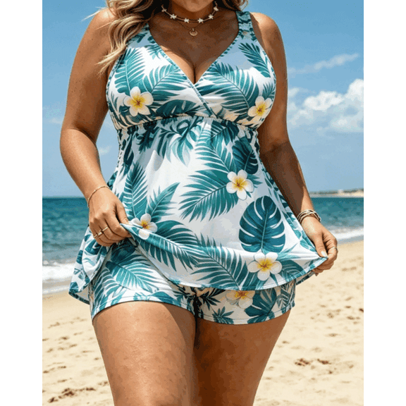 Plus-Size Two-Piece Tankini Swimsuit Set Exclusive Design All-over print with Front Cross-Over Design Bust-Lifting Support, Full Coverage, and Slimming Fit — Ideal Beach Vacation Swimwear for Women