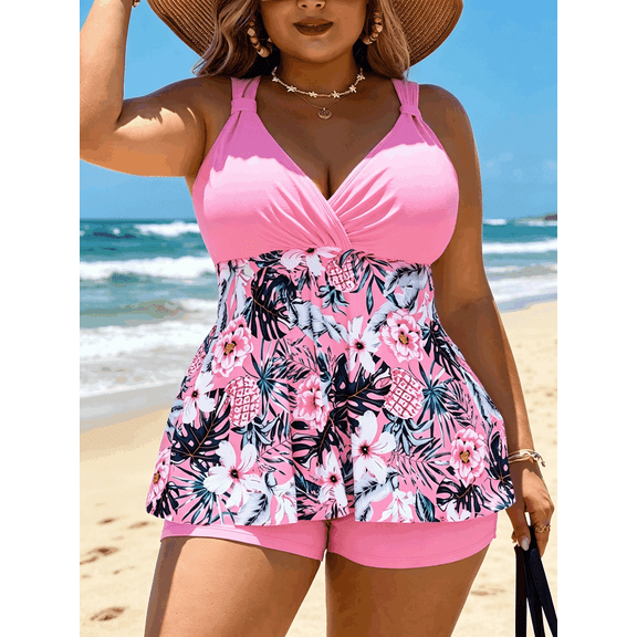 Plus-Size Two-Piece Tankini Swimsuit Set — Tropical Print with Front Cross-Over Design | Bust-Lifting Support, Full Coverage, and Slimming Fit — Ideal Beach Vacation Swimwear for Women