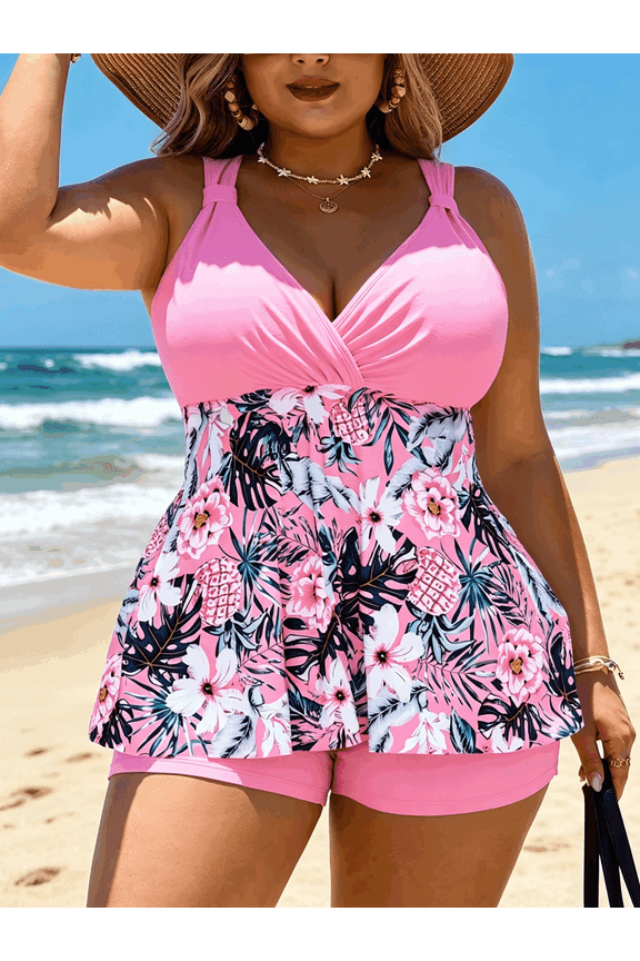 Plus-Size Two-Piece Tankini Swimsuit Set — Tropical Print with Front Cross-Over Design | Bust-Lifting Support, Full Coverage, and Slimming Fit — Ideal Beach Vacation Swimwear for Women