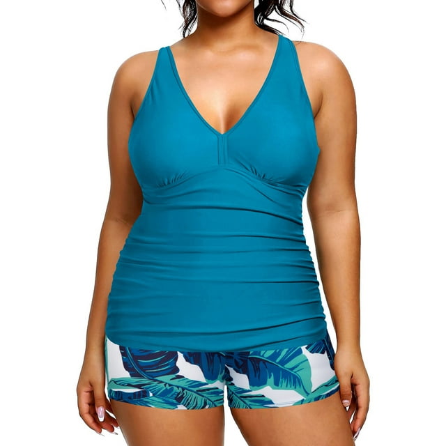Plus Size Two Piece Tankini Swimsuits for Women V Neck Bathing Suits
