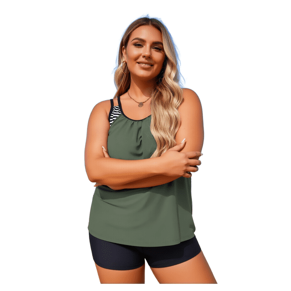 Plus Size Two Piece Tummy Control Tankini Set with Shorts