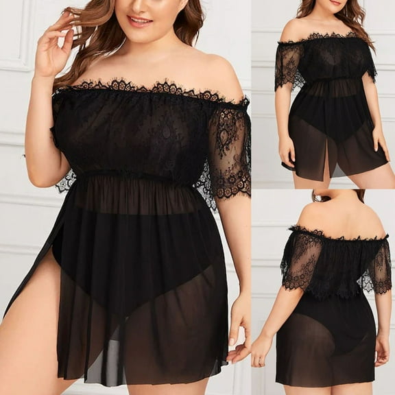 Plus Size Two Piece Underwear for Women Lace Sleepwear Brief Underwear Nightdress Pajama Set 1XL-4XL