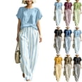 thumbnail image 1 of Plus Size Two Piece of Outfits for Womens Round Neck Short Sleeve Pinstripe Pocket Elastic Waist Long Pants Sets,2XL,Blue, 1 of 4