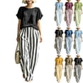 thumbnail image 1 of Plus Size Two Piece of Outfits for Womens Round Neck Short Sleeve Pinstripe Pocket Elastic Waist Long Pants Sets,S,Black, 1 of 7