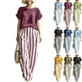 thumbnail image 1 of Plus Size Two Piece of Outfits for Womens Round Neck Short Sleeve Pinstripe Pocket Elastic Waist Long Pants Sets,S,, 1 of 7