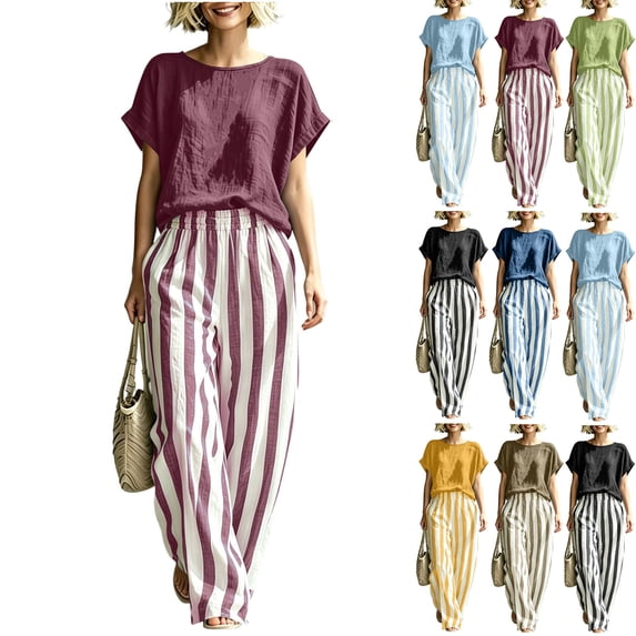 Plus Size Two Piece of Outfits for Womens Round Neck Short Sleeve Pinstripe Pocket Elastic Waist Long Pants Sets,S,