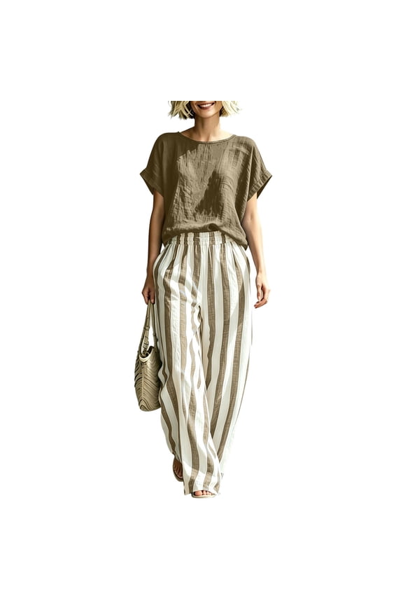 Plus Size Two Piece of Outfits for Womens Round Neck Short Sleeve Pinstripe Pocket Elastic Waist Long Pants Sets