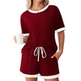 thumbnail image 1 of Plus Size Two Piece of Outfits for Womens Summer Crew Neck Short Sleeve Ribbed Contrast Drawstring Shorts Casual Loungewear 2 Piece Set, 1 of 5