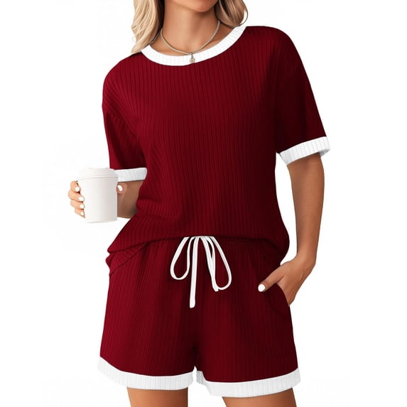 Plus Size Two Piece of Outfits for Womens Summer Crew Neck Short Sleeve Ribbed Contrast Drawstring Shorts Casual Loungewear 2 Piece Set
