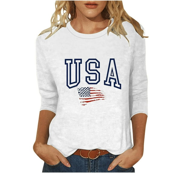 Plus Size USA Flag Tshirts for Womens 4th of July Patriotic Shirts Teen Girls Fashion 3/4 Sleeve Crewneck Tunic Tops Loose Fit Stars Striped Shirts Flag Memorial Day Graphic Tee Independence Day