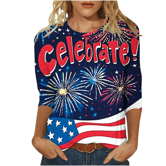 Plus Size USA Flag Tshirts for Womens 4th of July Patriotic Shirts Teen Girls Fashion 3/4 Sleeve Crewneck Tunic Tops Loose Fit Stars Striped Shirts Flag Memorial Day Graphic Tee Independence Day