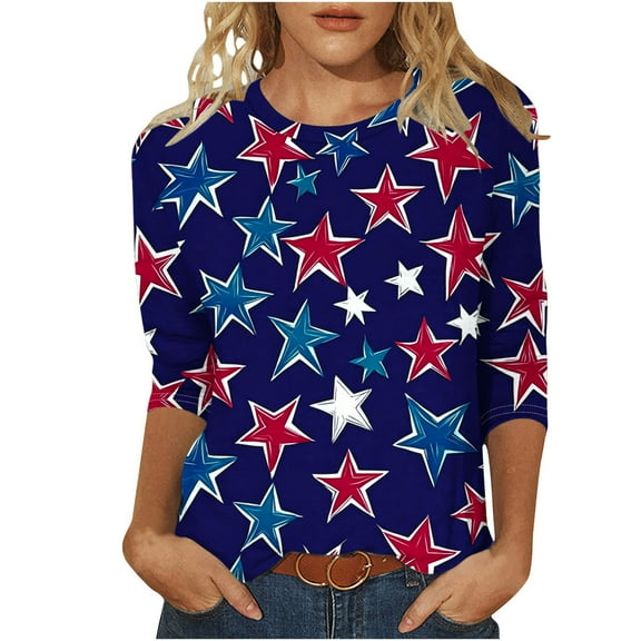 Plus Size USA Flag Tshirts for Womens 4th of July Patriotic Shirts Teen Girls Fashion 3/4 Sleeve Crewneck Tunic Tops Loose Fit Stars Striped Shirts Flag Memorial Day Graphic Tee Independence Day