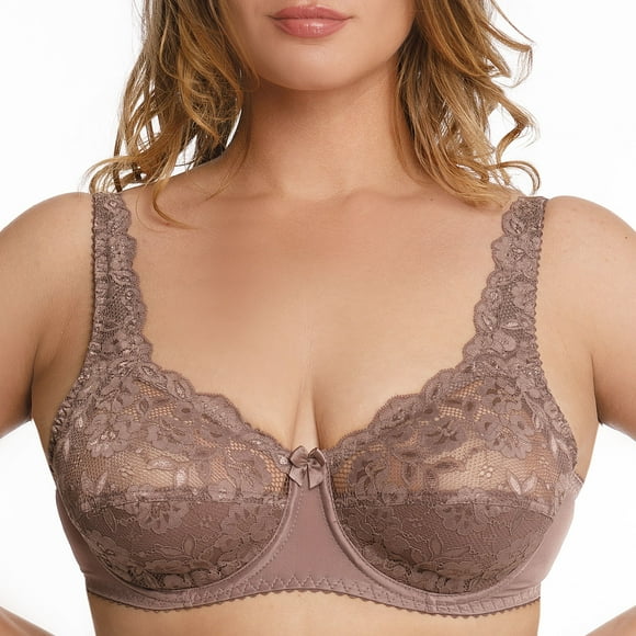 Plus Size Underwire Bra Full Coverage Minimizer Wide Straps Support Panels Non-Padded Lace Cups 34 36 38 40 42 44 / B C D E F G H ( 34G, Cocoa)