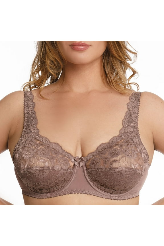 Plus Size Underwire Bra Full Coverage Minimizer Wide Straps Support Panels Non-Padded Lace Cups 34 36 38 40 42 44 / B C D E F G H ( 38C, Cocoa)