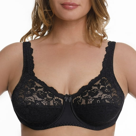 Plus Size Underwire Bra Full Coverage Minimizer Wide Straps Support Panels Non-Padded Lace Cups 34 36 38 40 42 44 / B C D E F G H ( 38F/DDD, Black)