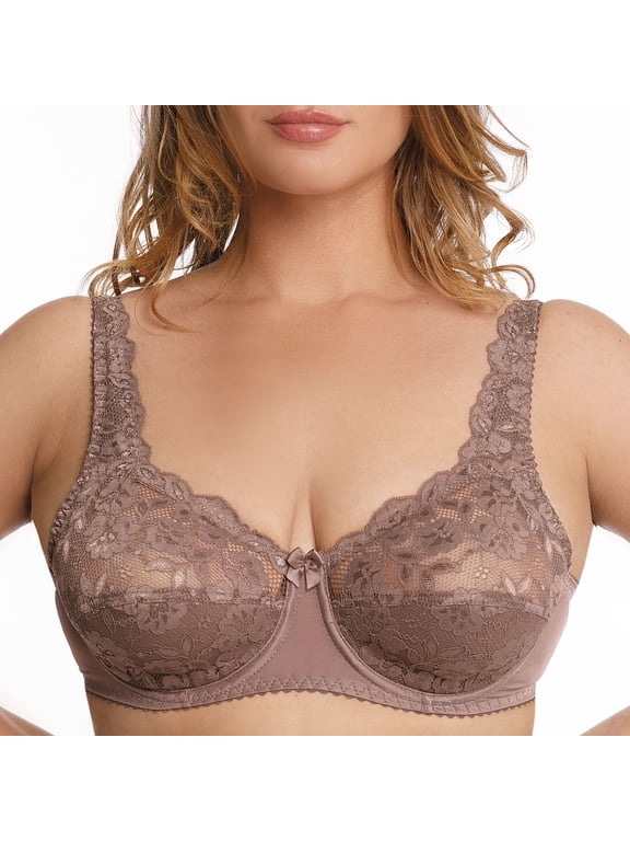 Plus Size Underwire Bra Full Coverage Minimizer Wide Straps Support Panels Non-Padded Lace Cups 34 36 38 40 42 44 / B C D E F G H ( 40B, Cocoa)