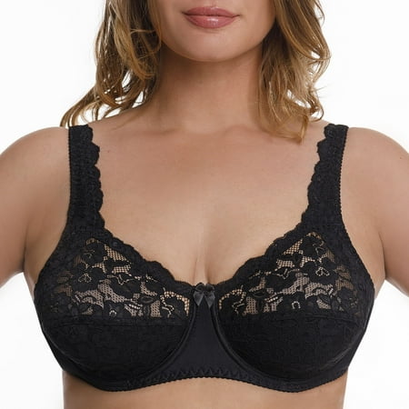 Plus Size Underwire Bra Full Coverage Minimizer Wide Straps Support Panels Non-Padded Lace Cups 34 36 38 40 42 44 / B C D E F G H ( 40D, Black)