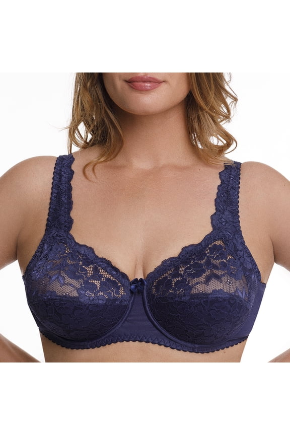Plus Size Underwire Bra Full Coverage Minimizer Wide Straps Support Panels Non-Padded Lace Cups 34 36 38 40 42 44 / B C D E F G H ( 42E/DD, Navy)