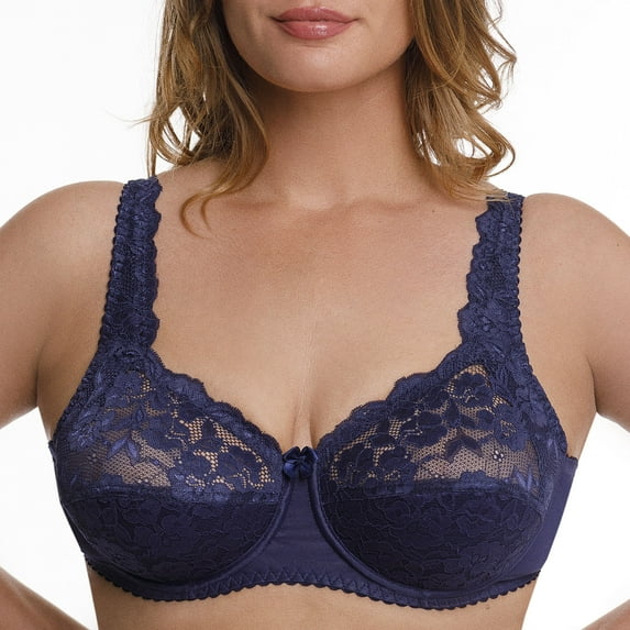 Plus Size Underwire Bra Full Coverage Minimizer Wide Straps Support Panels Non-Padded Lace Cups 34 36 38 40 42 44 / B C D E F G H ( 44C, Navy)
