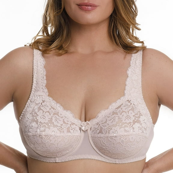 Plus Size Underwire Bra Full Coverage Minimizer Wide Straps Support Panels Non-Padded Lace Cups 34 36 38 40 42 44 / B C D E F G H ( 44D, Nude)