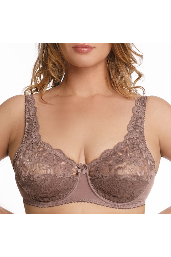 Plus Size Underwire Bra Full Coverage Minimizer Wide Straps Support Panels Non-Padded Lace Cups 34 36 38 40 42 44 / B C D E F G H ( 44E/DD, Cocoa)